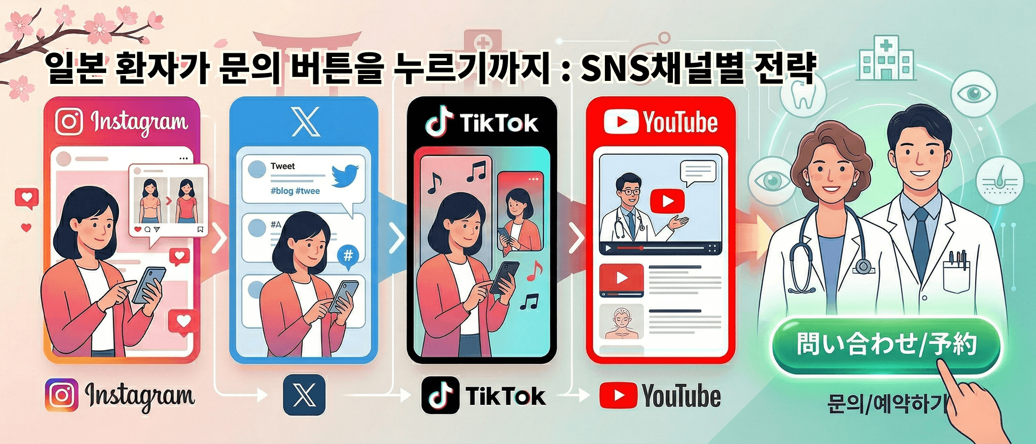 일본 환자가 문의 버튼을 누르기까지 — Instagram, X, TikTok, YouTube 채널별 전략